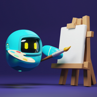 round blue robot holding a painter's palette and a paintbrush, getting ready to paint on an easel with blank white canvas