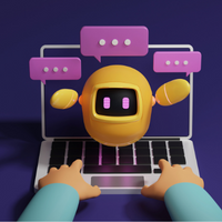 Open laptop with user hands on keyboard. Hovering above the keyboard is a round yellow robot surrounded by pink blocks that have 3 white dots on them.
