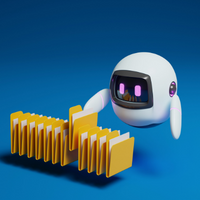 Little white robot pulling up a file out of a row of file folders.