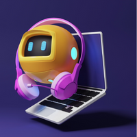 round yellow robot with pink headphones hovering over an open laptop